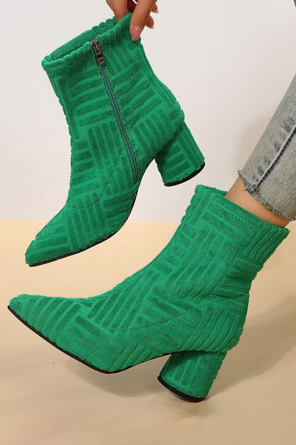 Daily Textured Pointy Toe Side Zipper Chunky Heel Ankle Boots