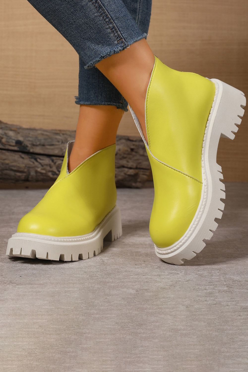 Platform V Cut Round Toe Back Zipper Ankle Boots