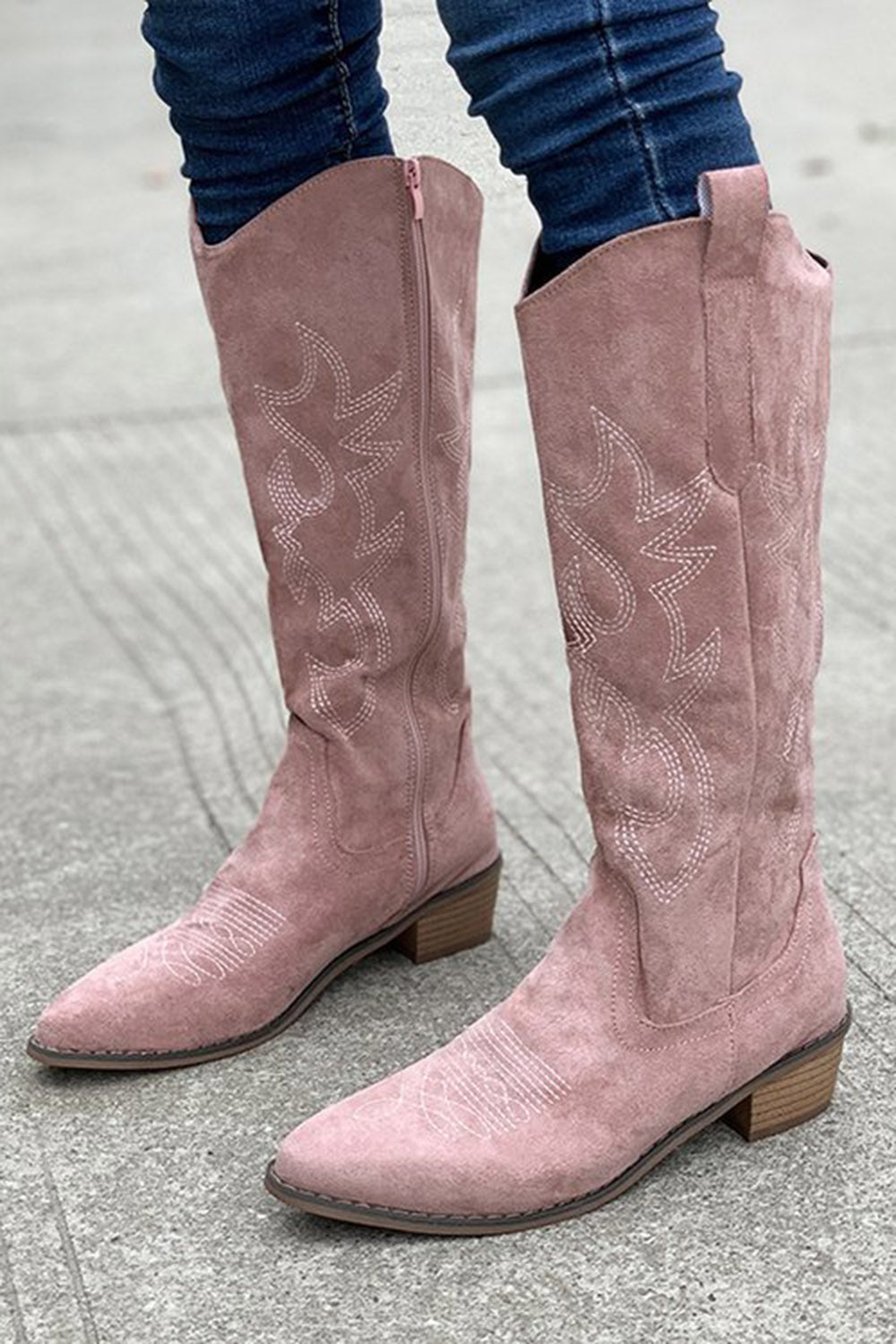 Vintage Khaki Embroidered Pointed Toe V-Cut Boots