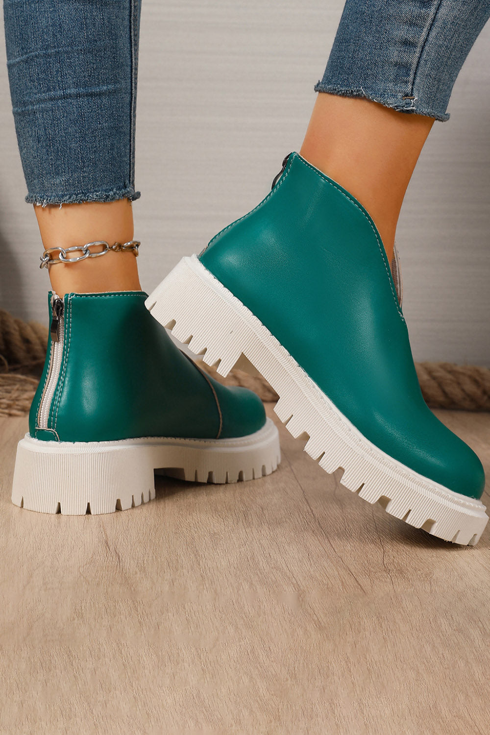Platform V Cut Round Toe Back Zipper Ankle Boots
