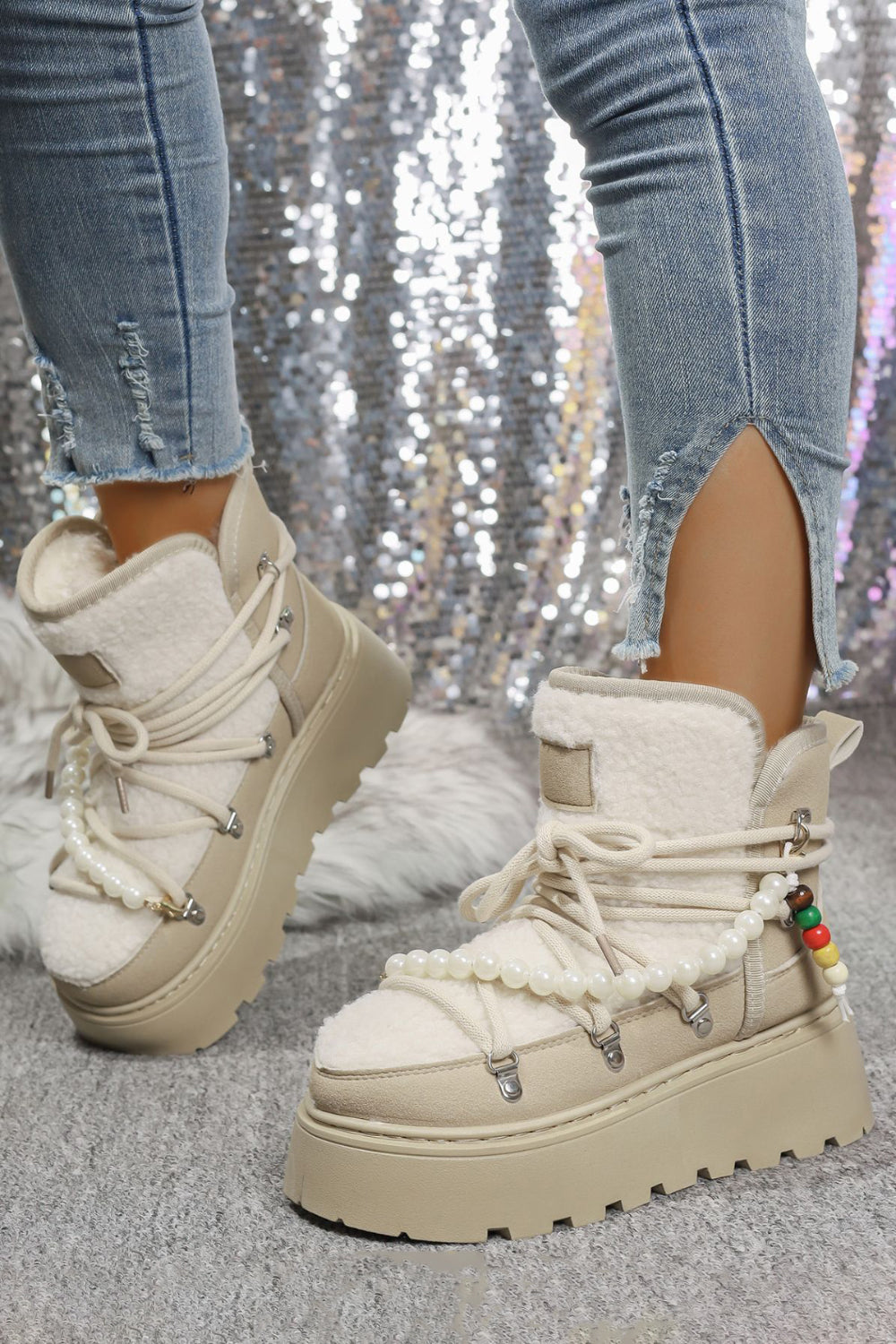 Daily Black Faux Fur Pearl Beads Strap Lace Up Platform Round Toe Boots